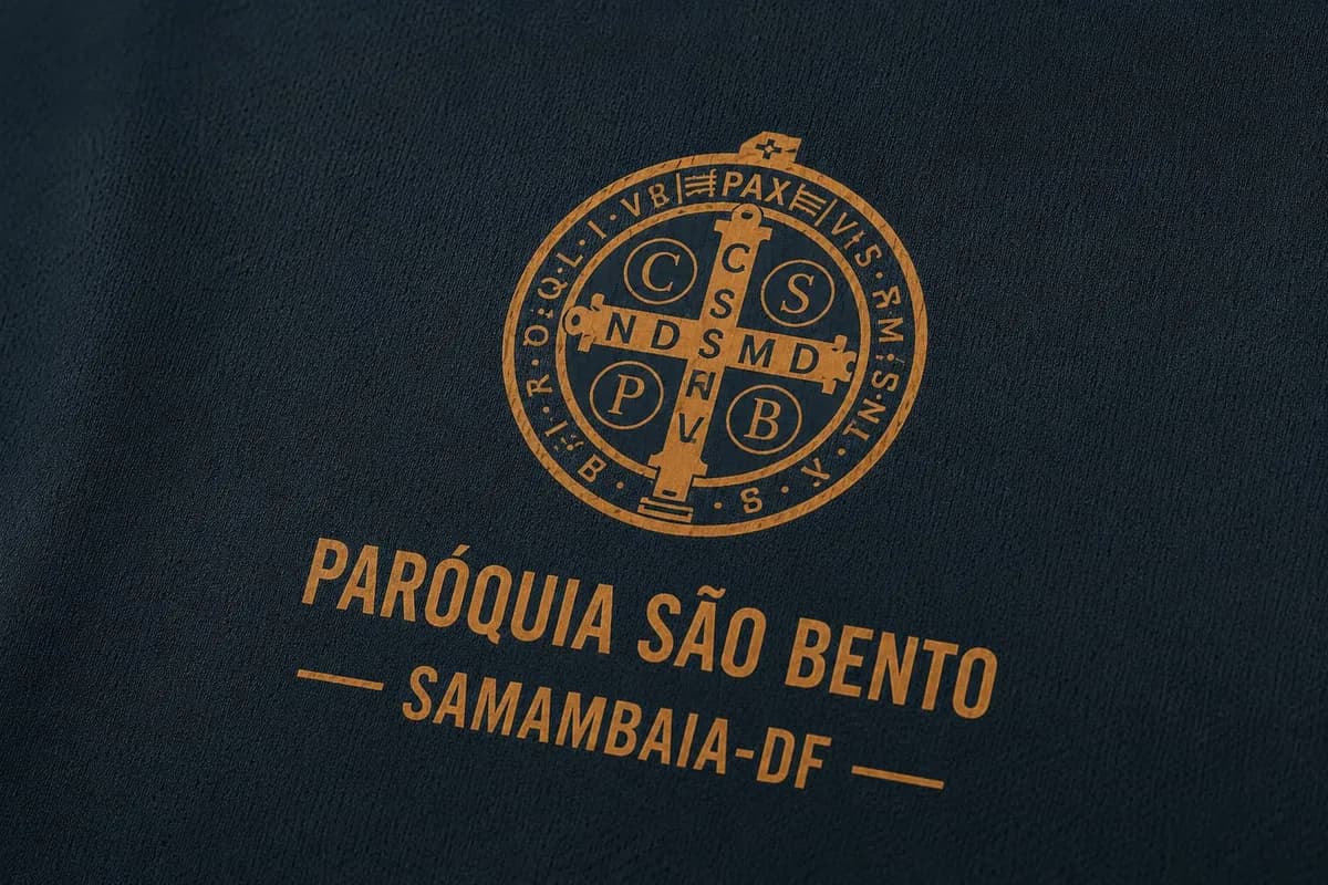 A medalha de São Bento estampada em ocre sobre o tecido petróleo da camisa