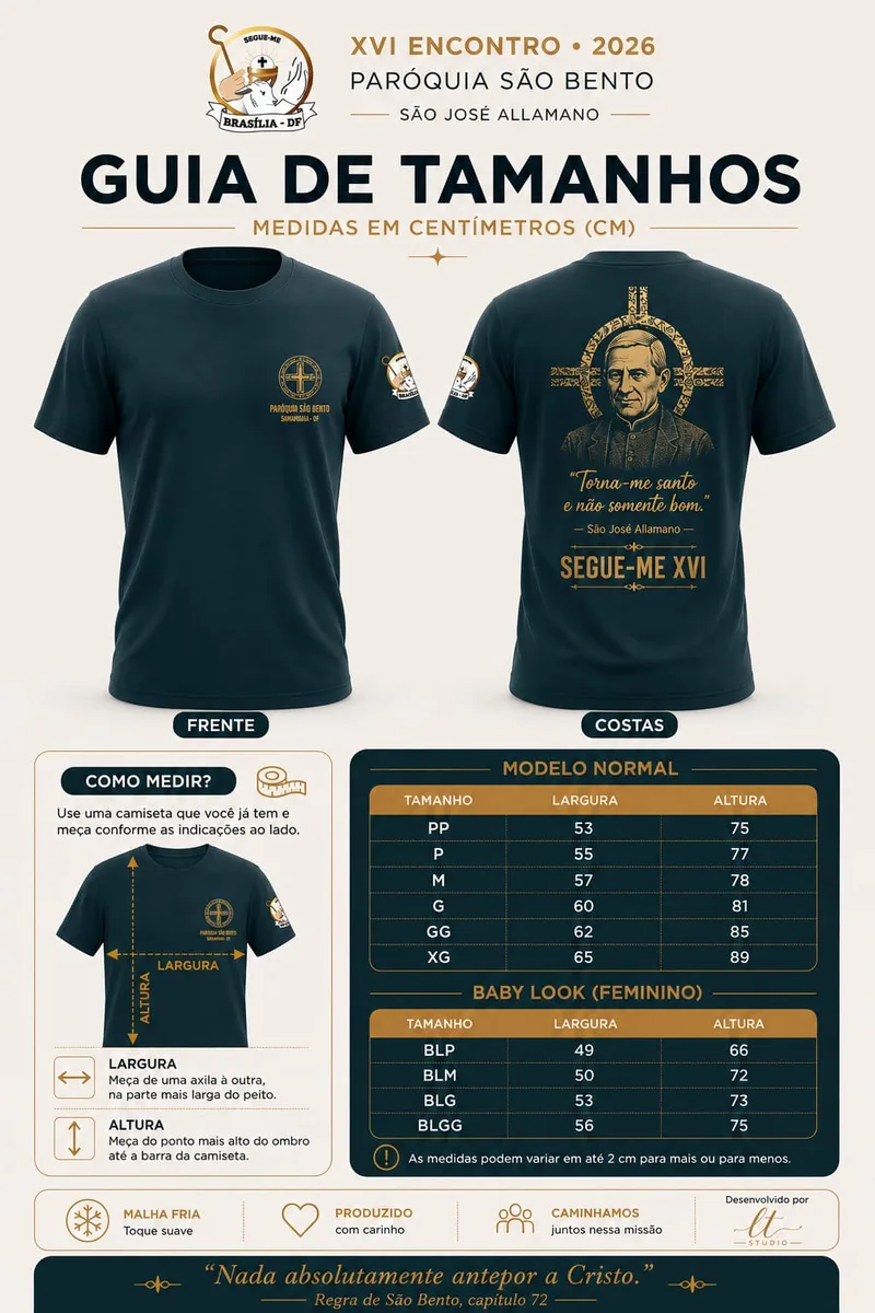 Guia de medidas da camisa, do PP ao XG